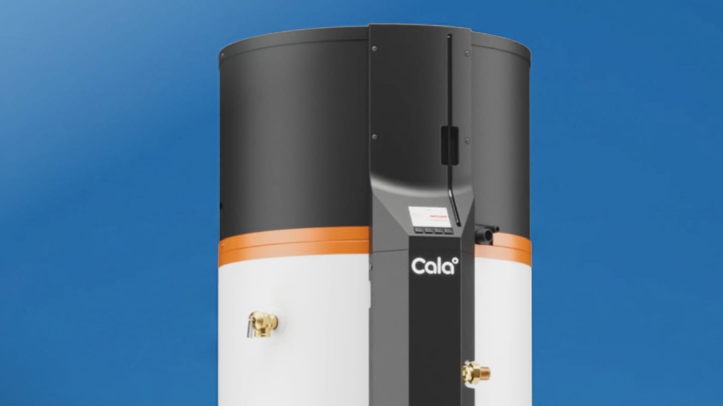 Tall Cala water heater with black top, white body, orange band, and brass fittings on a blue background.