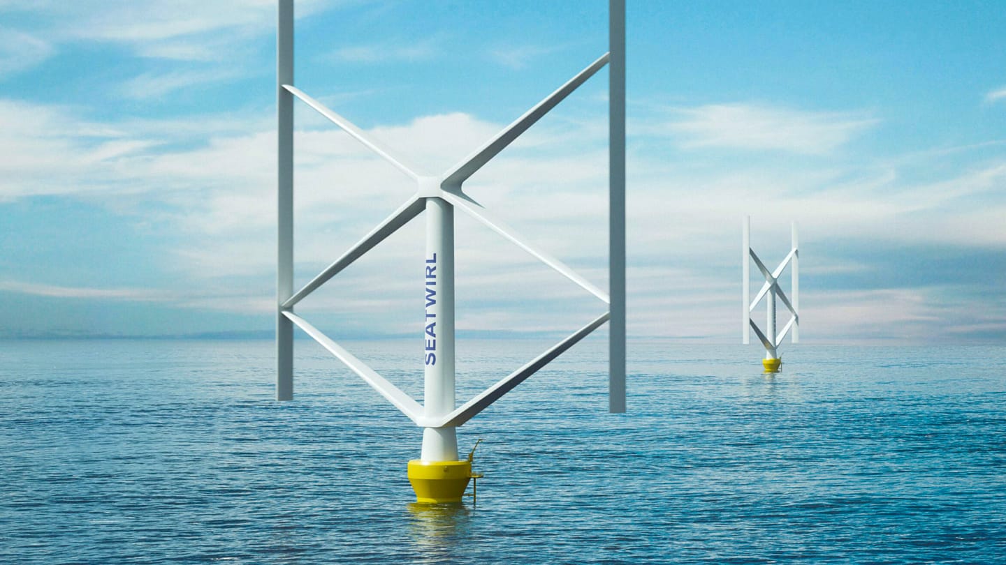 SeaTwirl's Offshore wind turbines in the sea with white towers and blades against a blue sky.
