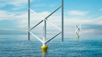 SeaTwirl's Offshore wind turbines in the sea with white towers and blades against a blue sky.