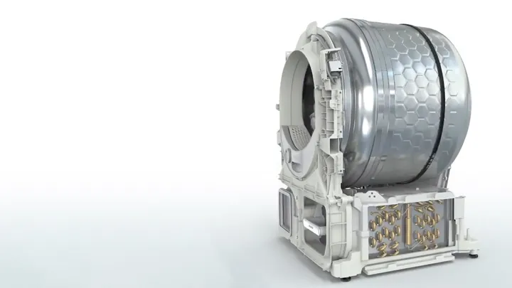 The tech inside of a Miele heat pump dryer