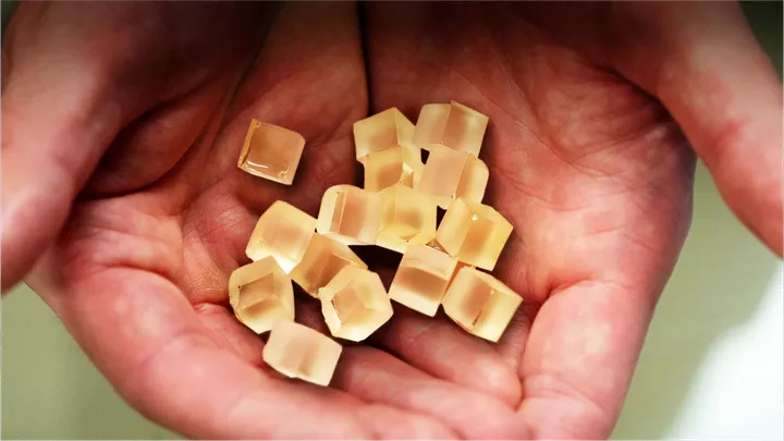 A pair of hands holding some PECAN cubes