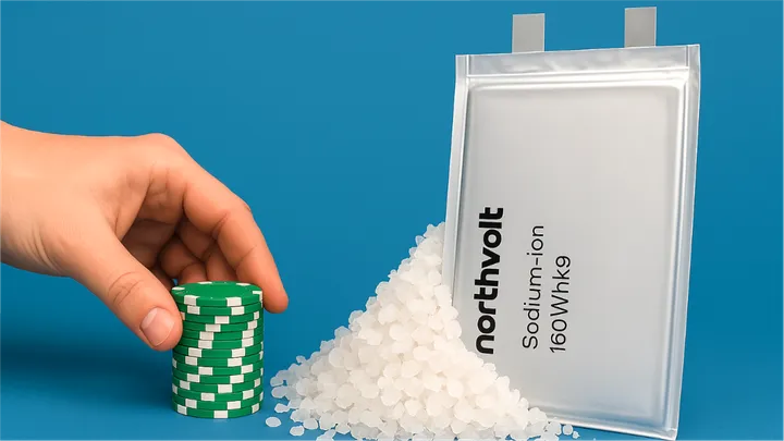 A Sodium-Ion battery with a pile of salt and poker chips next to it
