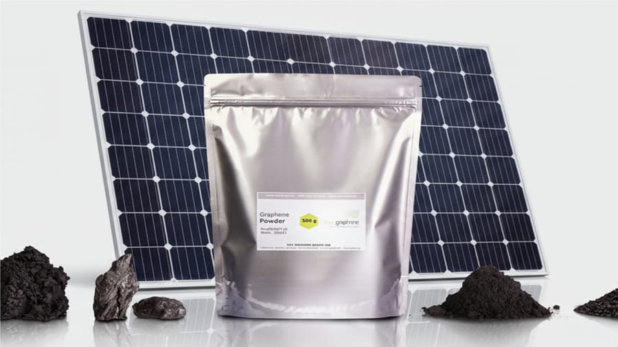 A bag of graphene powder in front of a solar panel