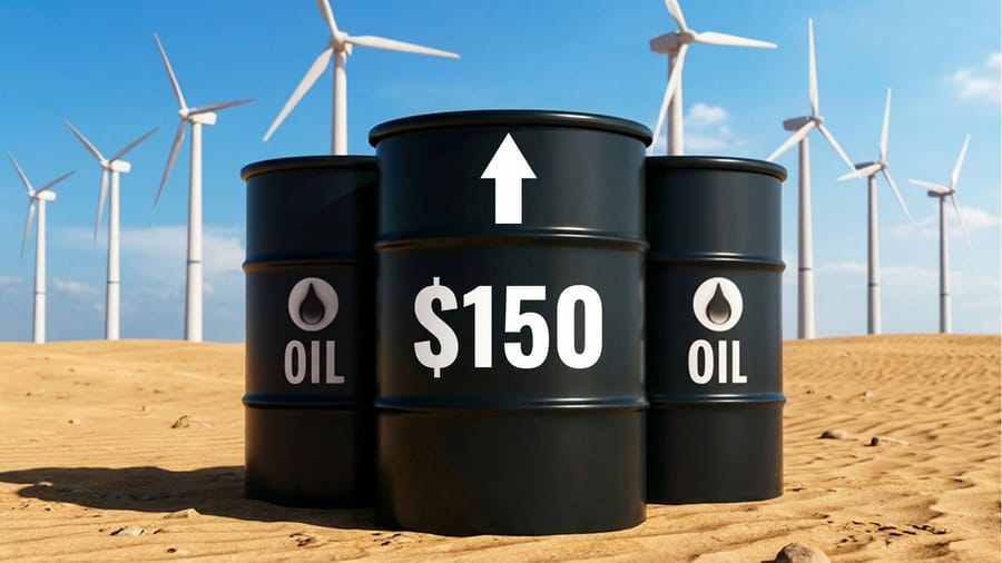 Oil barrels on a desert foreground with a white upward arrow and the price $150; wind turbines loom in the background.