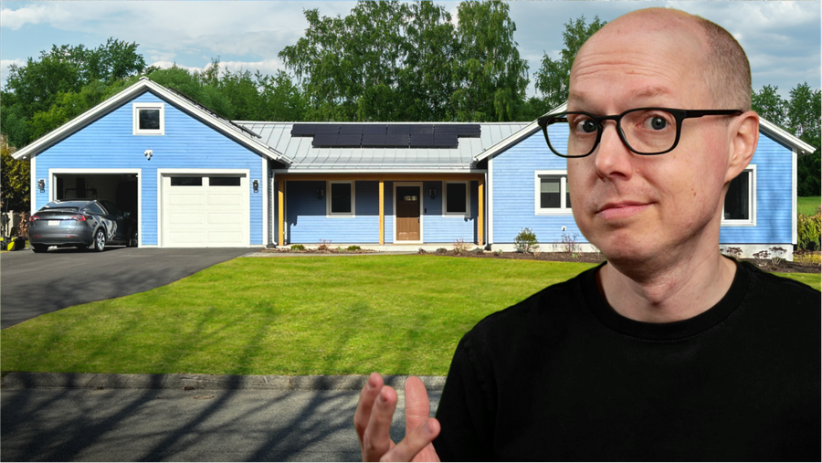 Matt Ferrell gesturing at his Net Zero Home 1 year on