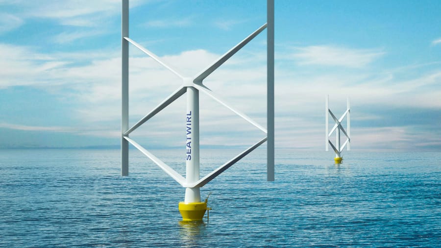 SeaTwirl's Offshore wind turbines in the sea with white towers and blades against a blue sky.