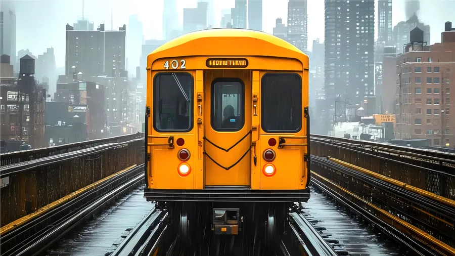 A subway train moving away from a large city