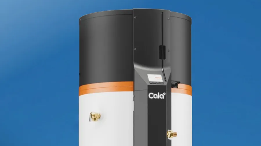 Tall Cala water heater with black top, white body, orange band, and brass fittings on a blue background.